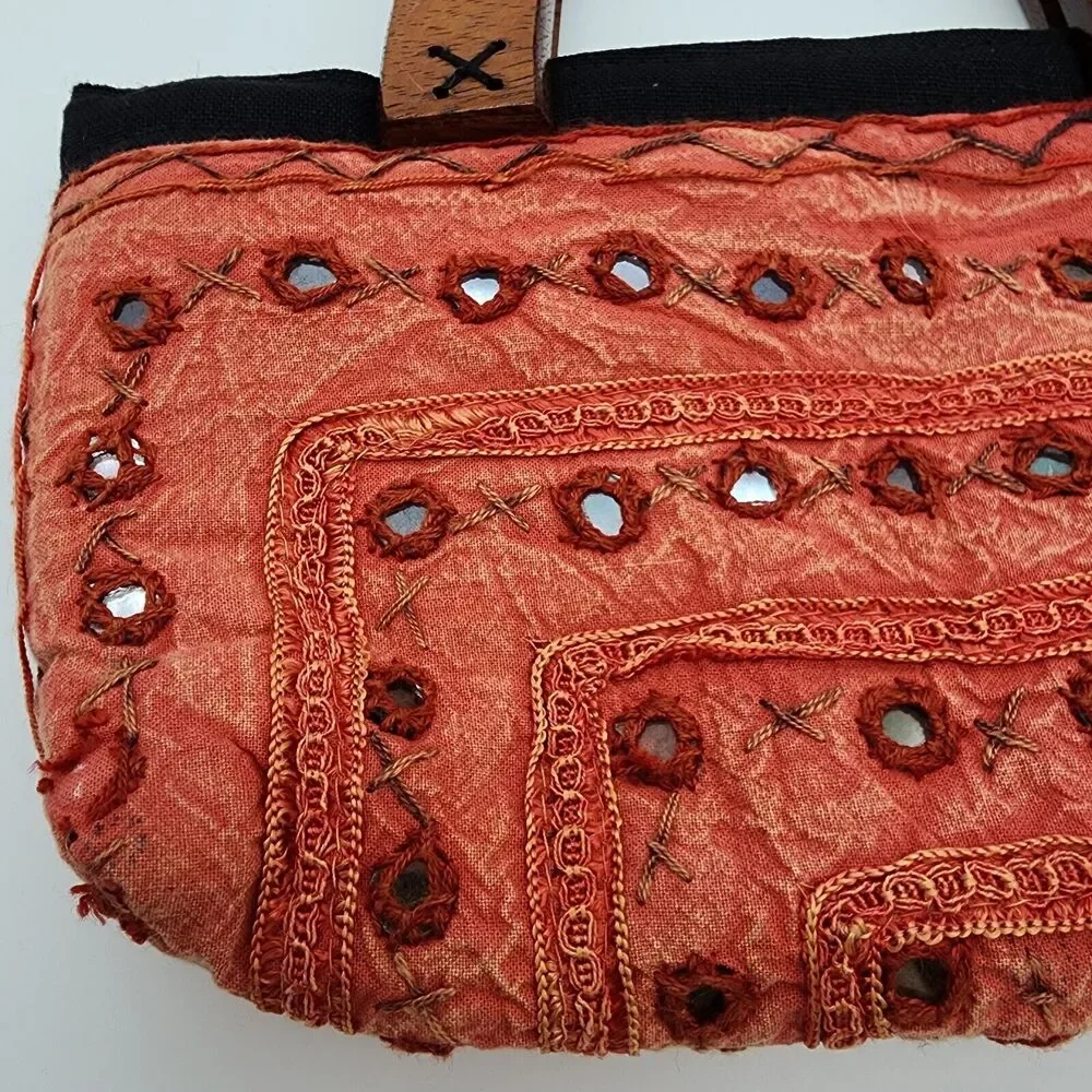 Thai Fabric Wooden Handle Tote Bag Orange Embroidered Artisan Boho Hippie 10x6